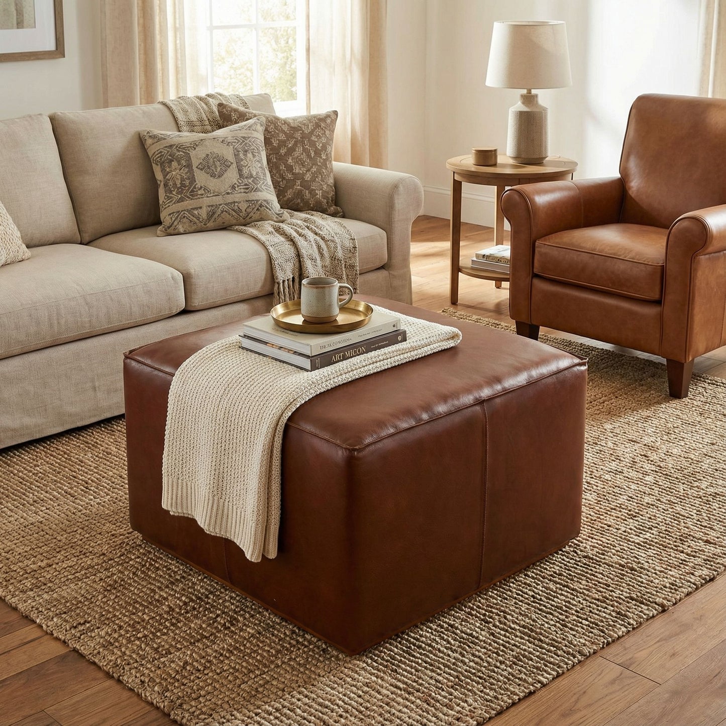 Bare Decor Nikola Genuine 100% Leather Square Ottoman, Brown