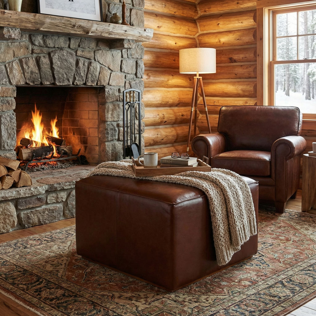 Bare Decor Nikola Genuine 100% Leather Square Ottoman, Brown