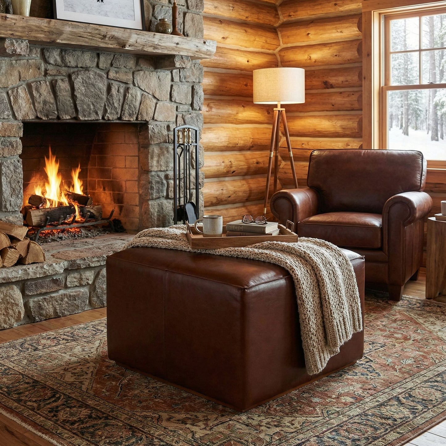 Bare Decor Nikola Genuine 100% Leather Square Ottoman, Brown