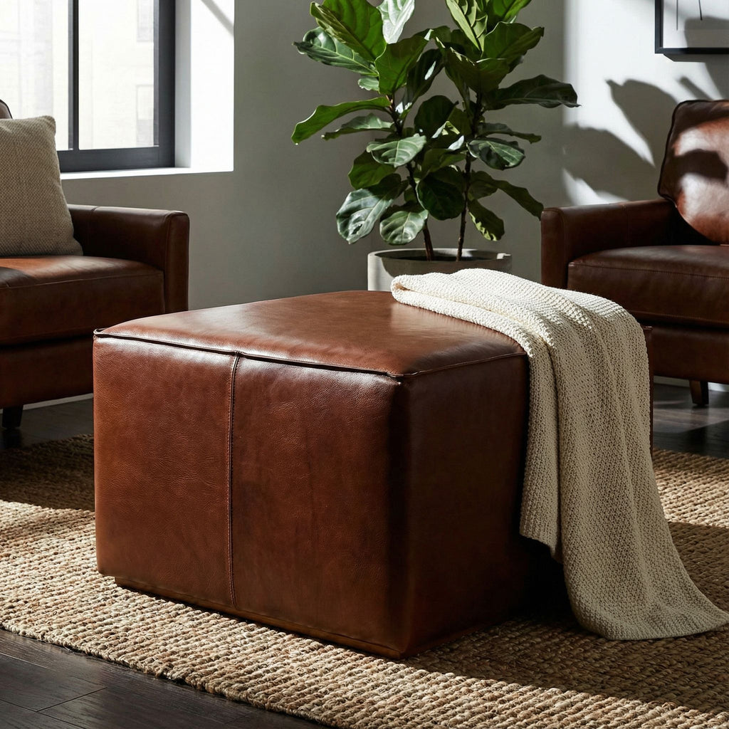 Bare Decor Nikola Genuine 100% Leather Square Ottoman, Brown