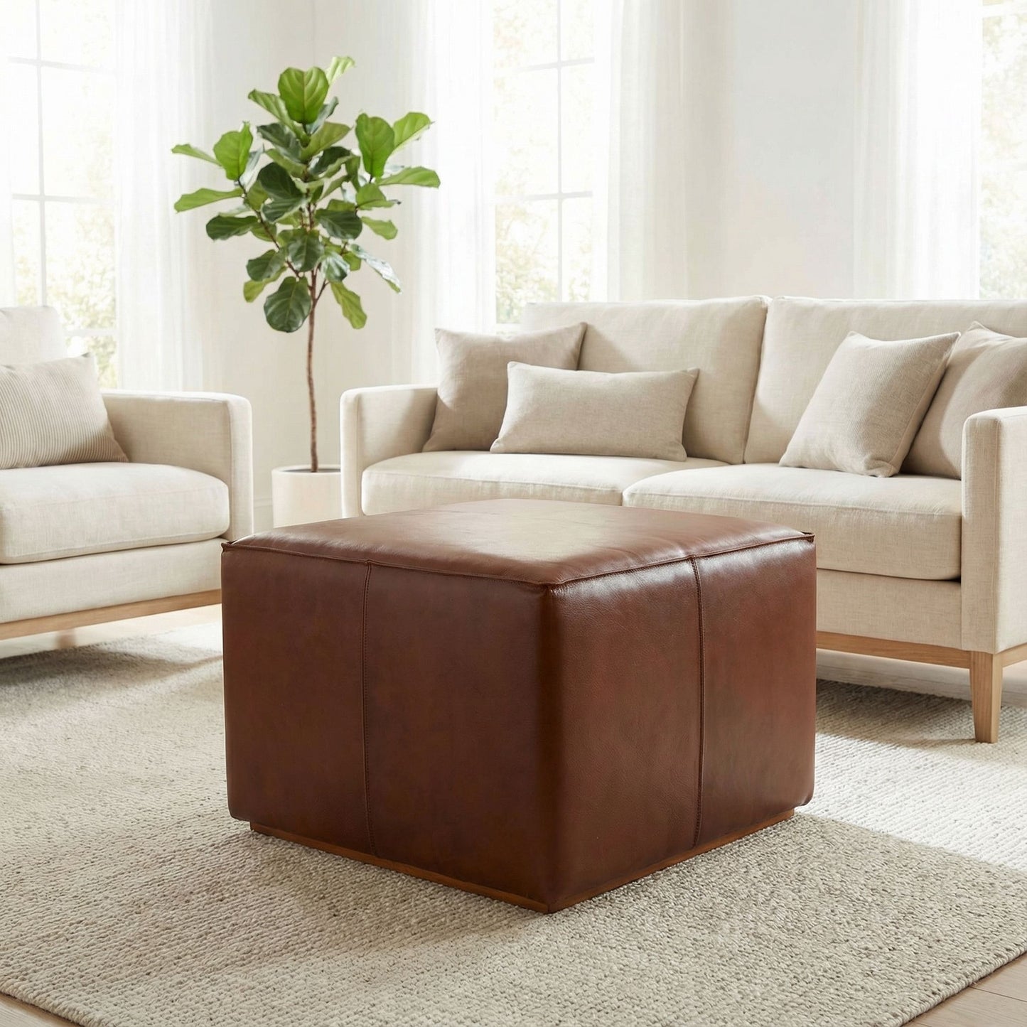 Bare Decor Nikola Genuine 100% Leather Square Ottoman, Brown