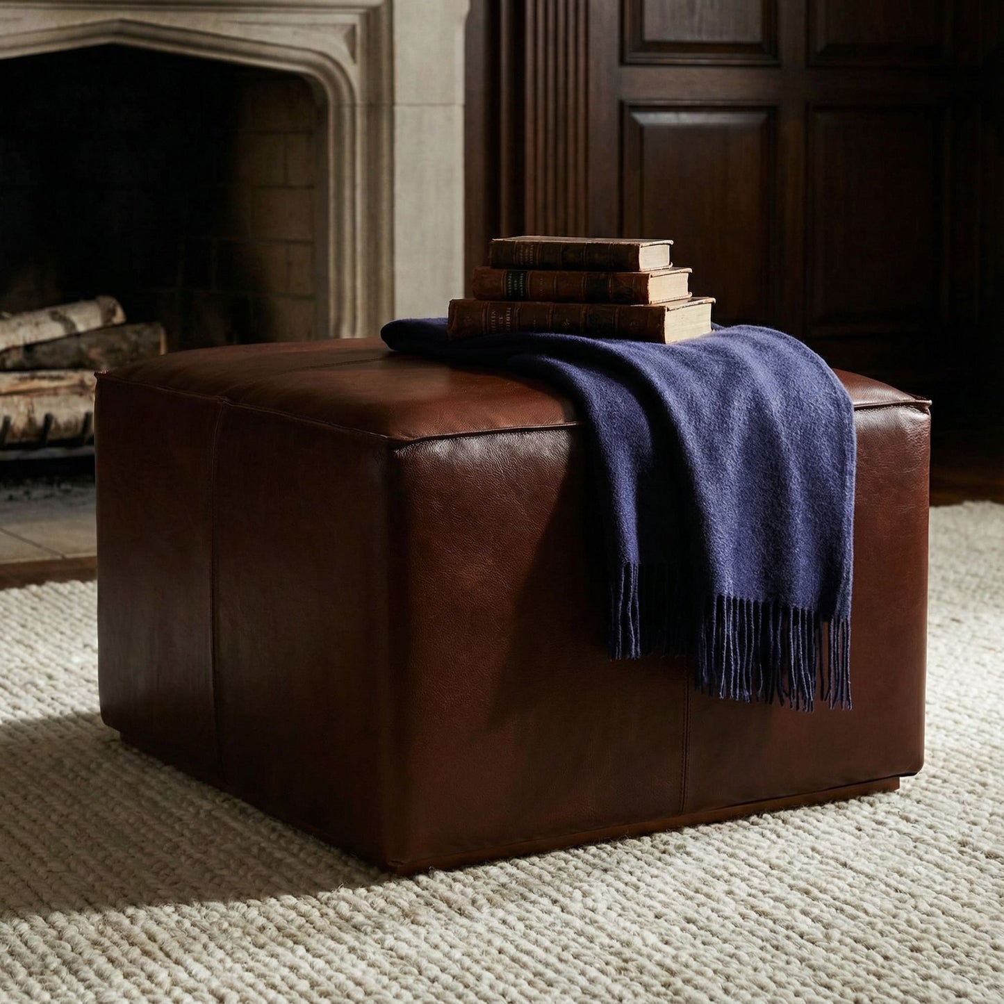 Bare Decor Nikola Genuine 100% Leather Square Ottoman, Brown