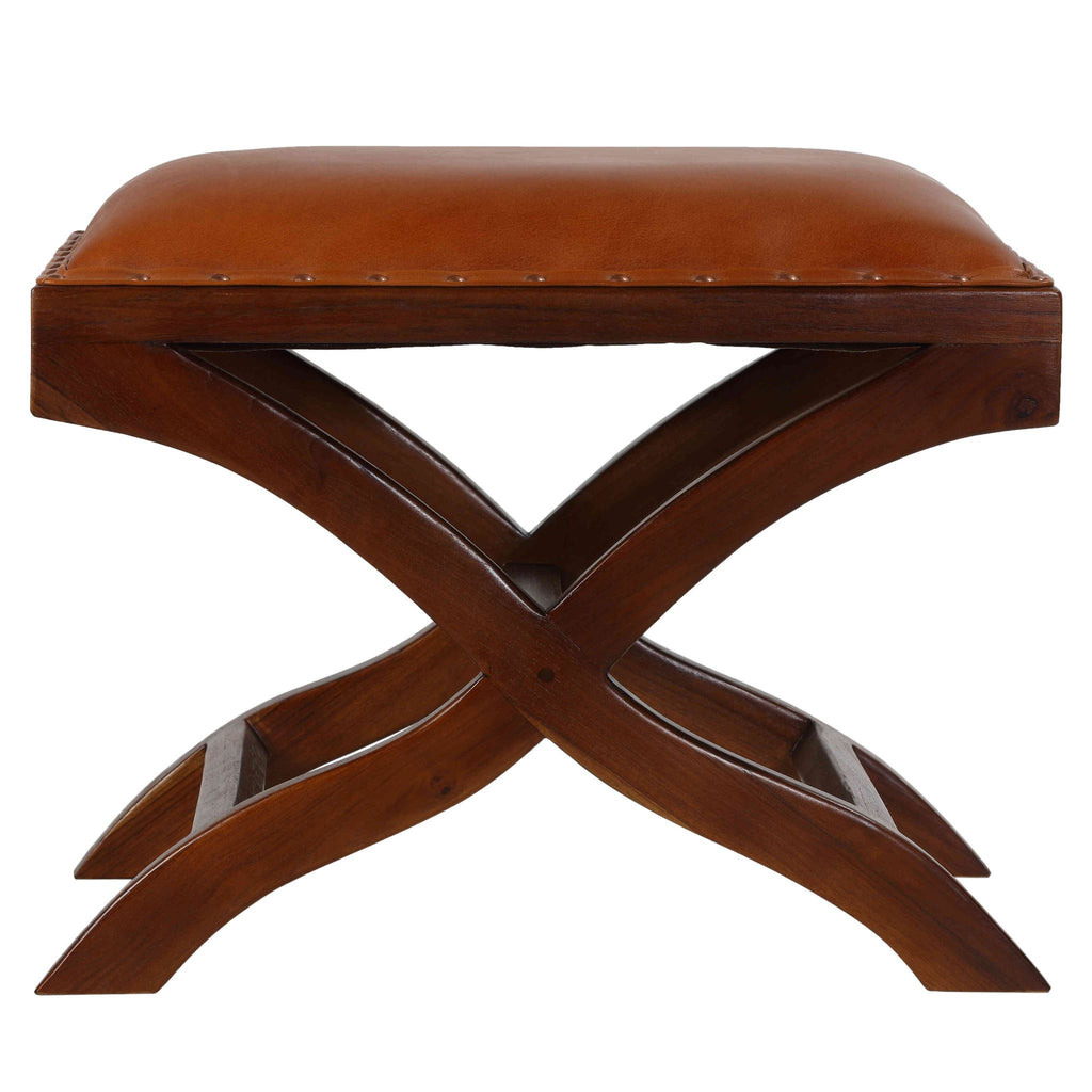 Bare Decor Daniela X Bench Ottoman in Genuine 100% Leather and Teak, Brown