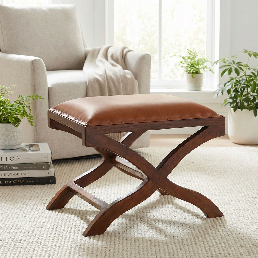 Bare Decor Daniela X Bench Ottoman in Genuine 100% Leather and Teak, Brown
