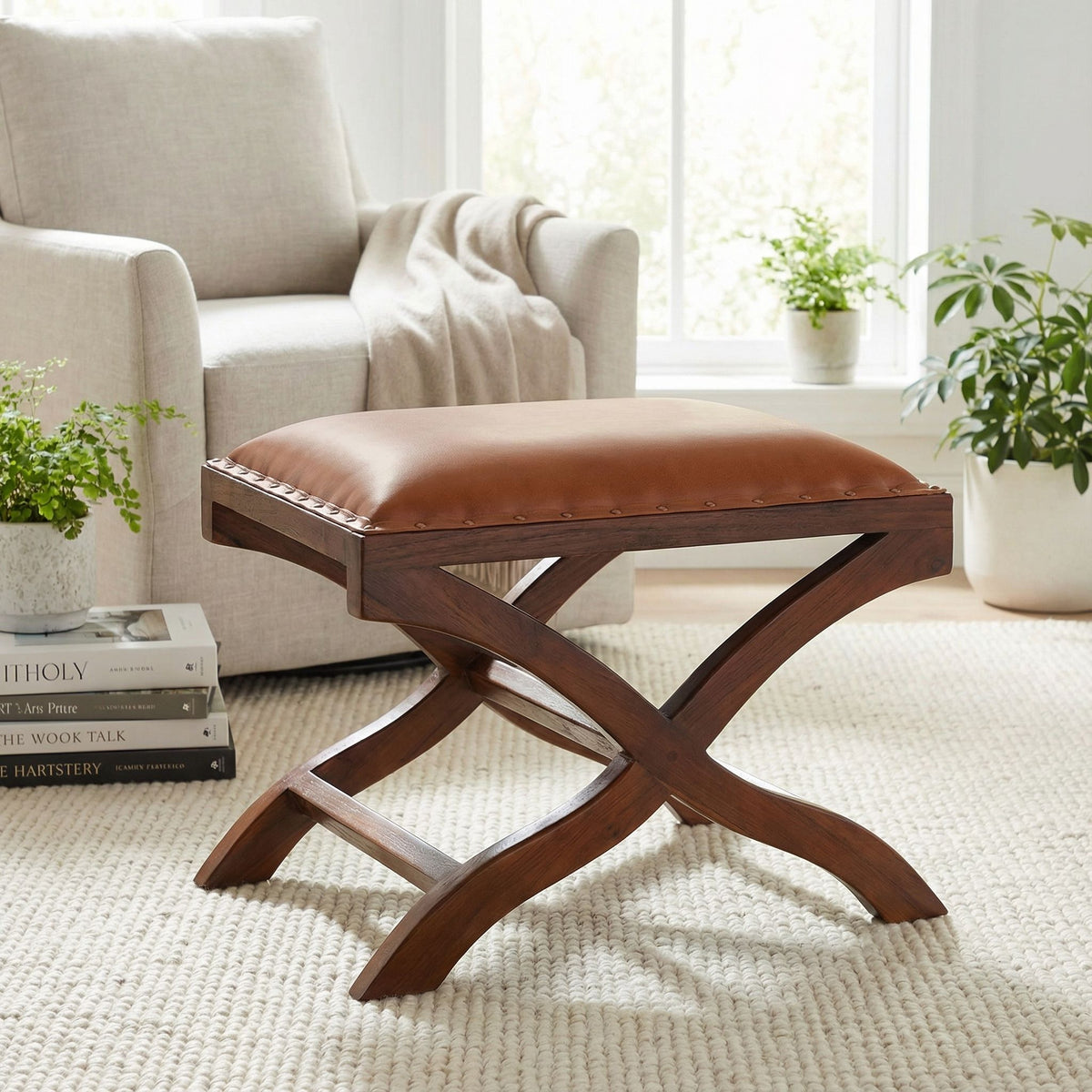 Bare Decor Daniela X Bench Ottoman in Genuine 100% Leather and Teak, Brown