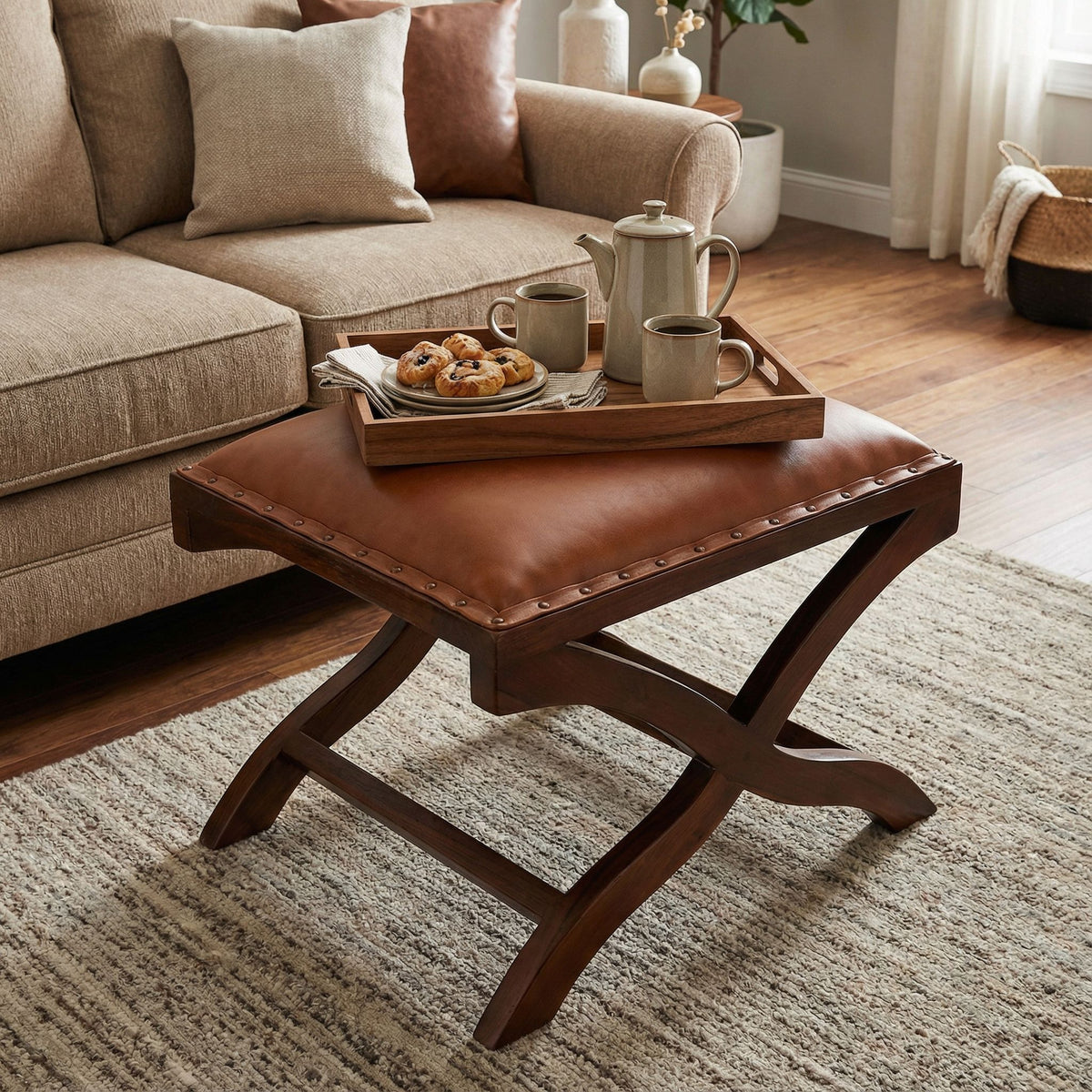 Bare Decor Daniela X Bench Ottoman in Genuine 100% Leather and Teak, Brown