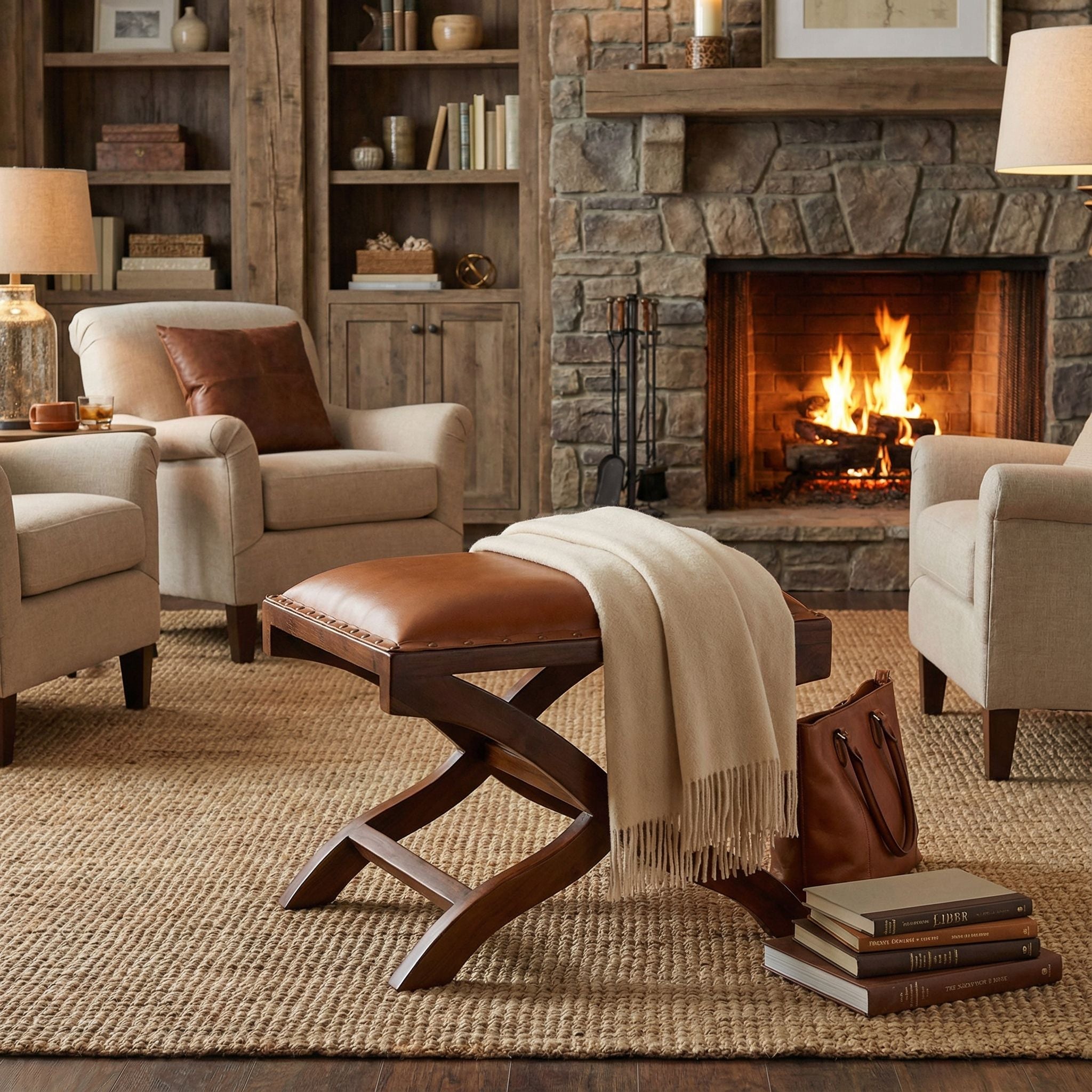 Bare Decor Daniela X Bench Ottoman in Genuine 100% Leather and Teak, Brown