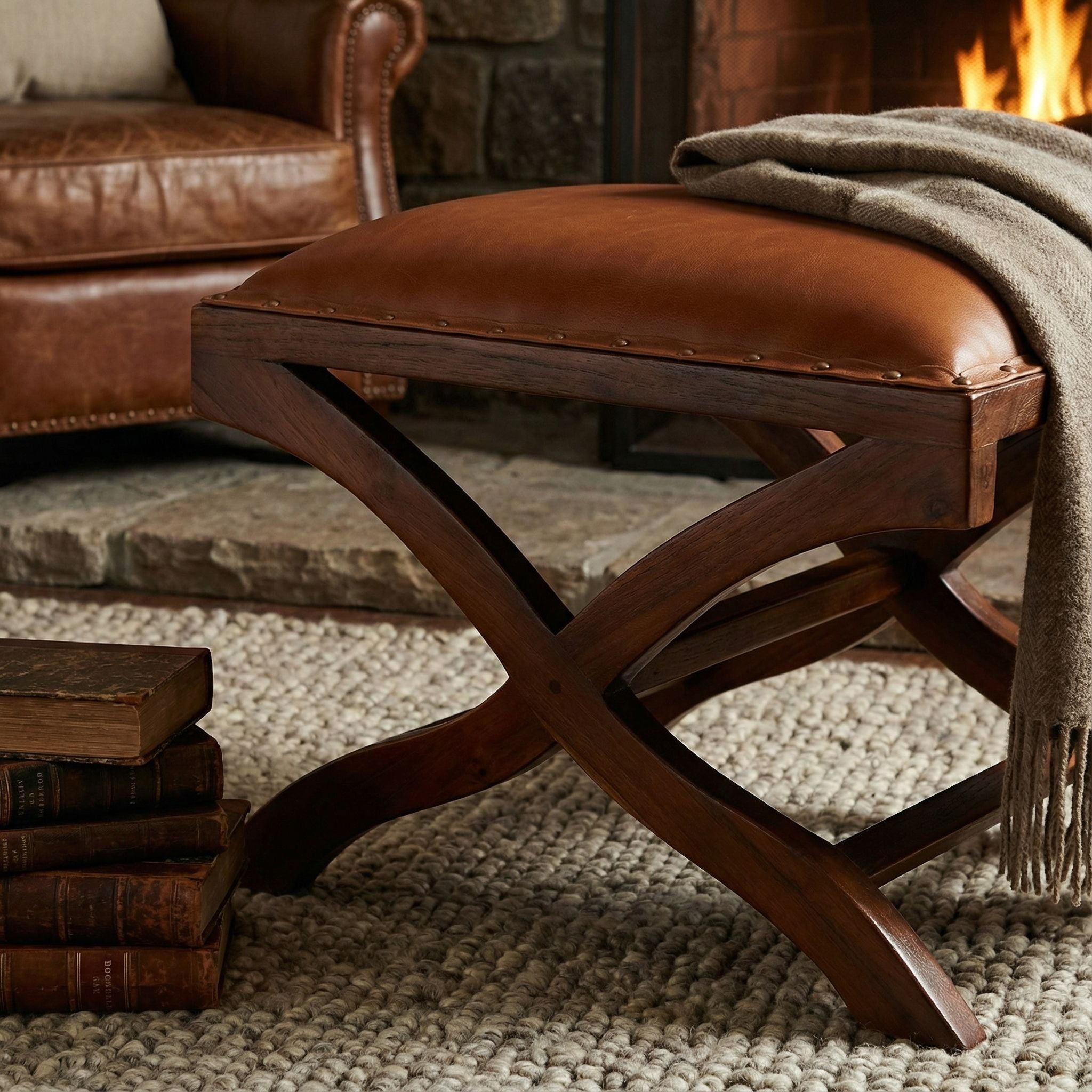 Bare Decor Daniela X Bench Ottoman in Genuine 100% Leather and Teak, Brown