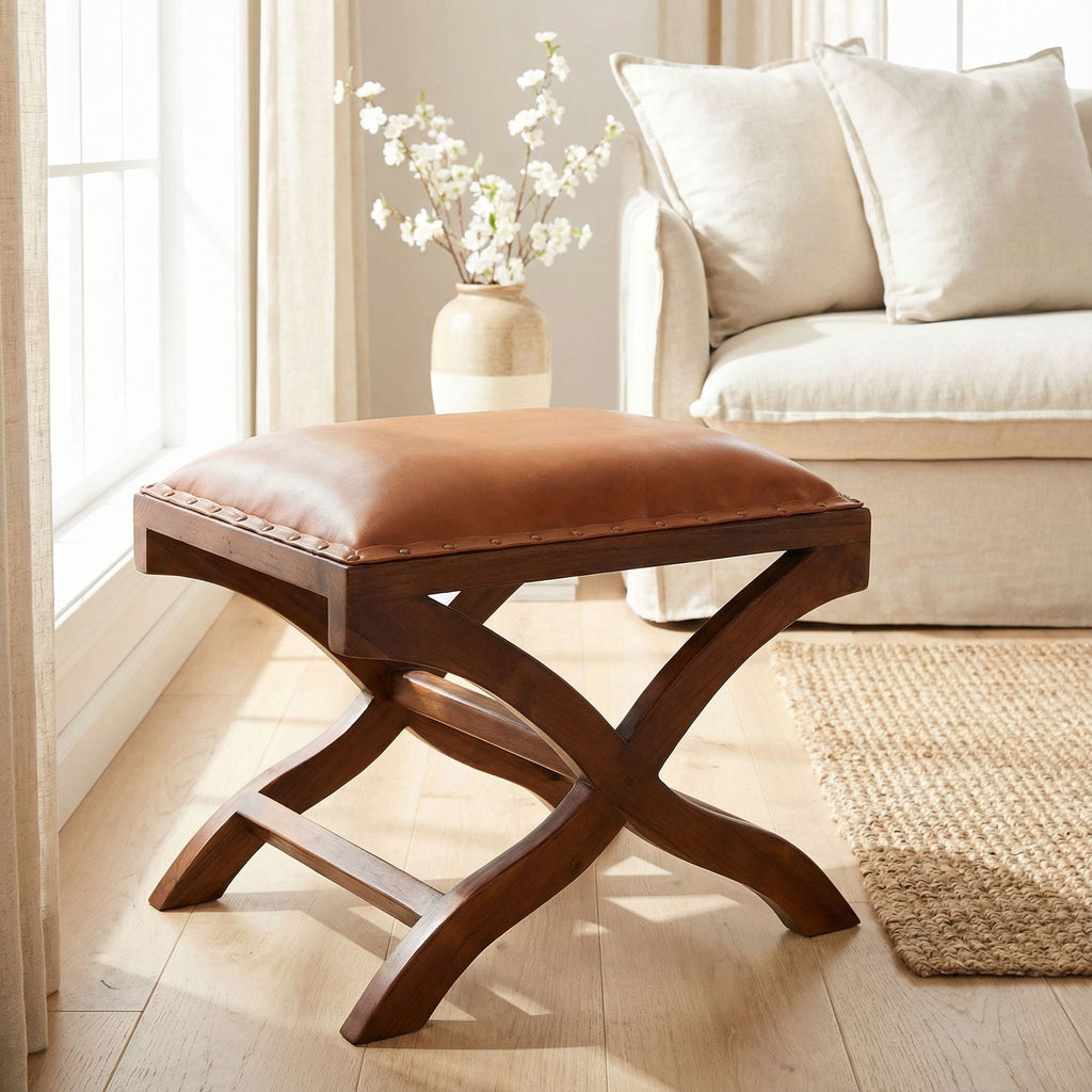 Bare Decor Daniela X Bench Ottoman in Genuine 100% Leather and Teak, Brown