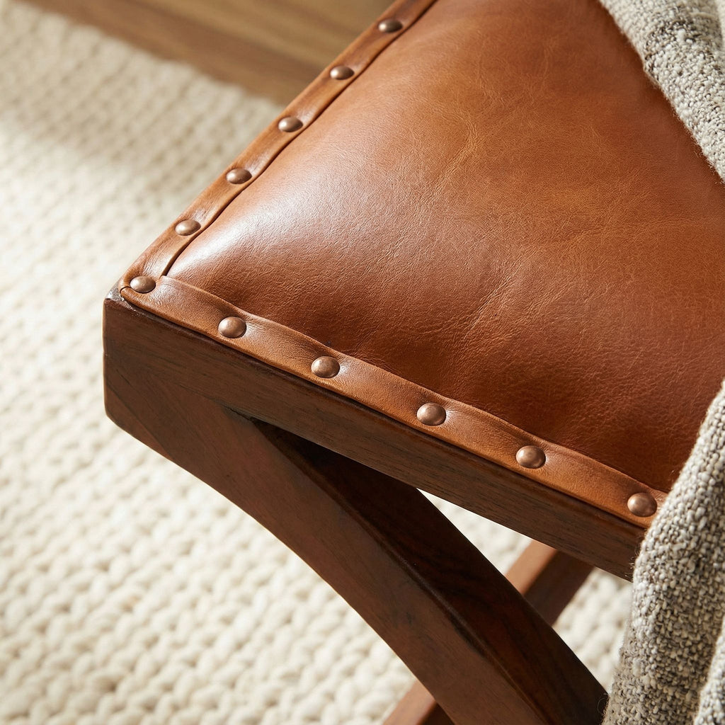 Bare Decor Daniela X Bench Ottoman in Genuine 100% Leather and Teak, Brown