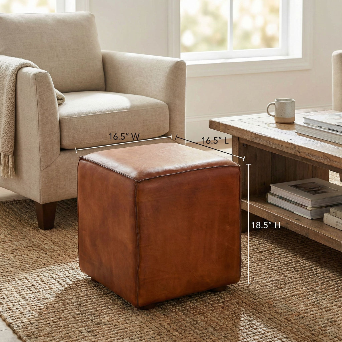Bare Decor Sands Genuine Leather Cube Ottoman, Saddle Brown