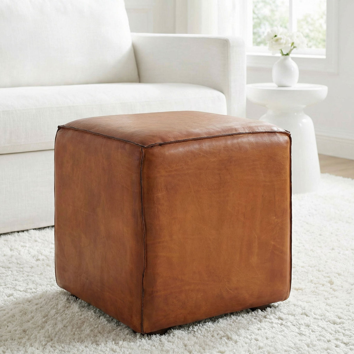 Bare Decor Sands Genuine Leather Cube Ottoman, Saddle Brown