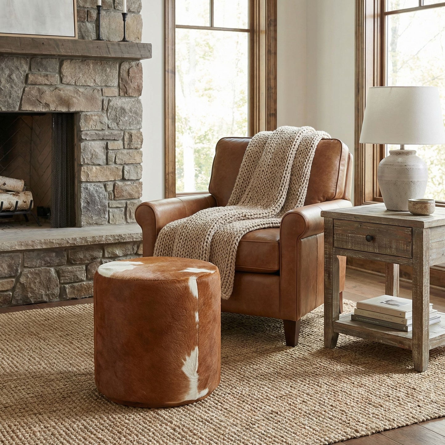 Bare Decor Bella Accent Ottoman in Genuine Leather Hide, Brown