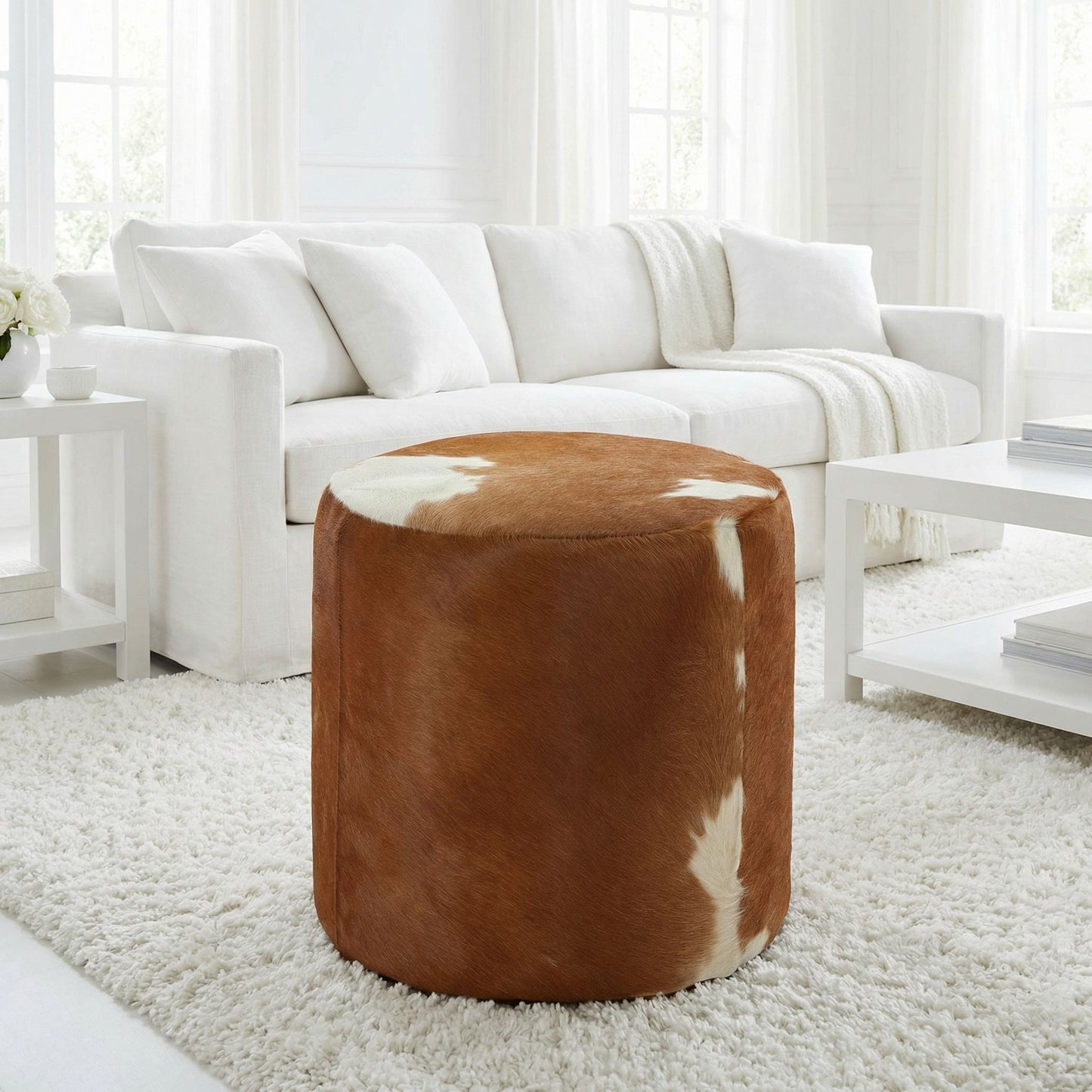 Bare Decor Bella Accent Ottoman in Genuine Leather Hide, Brown