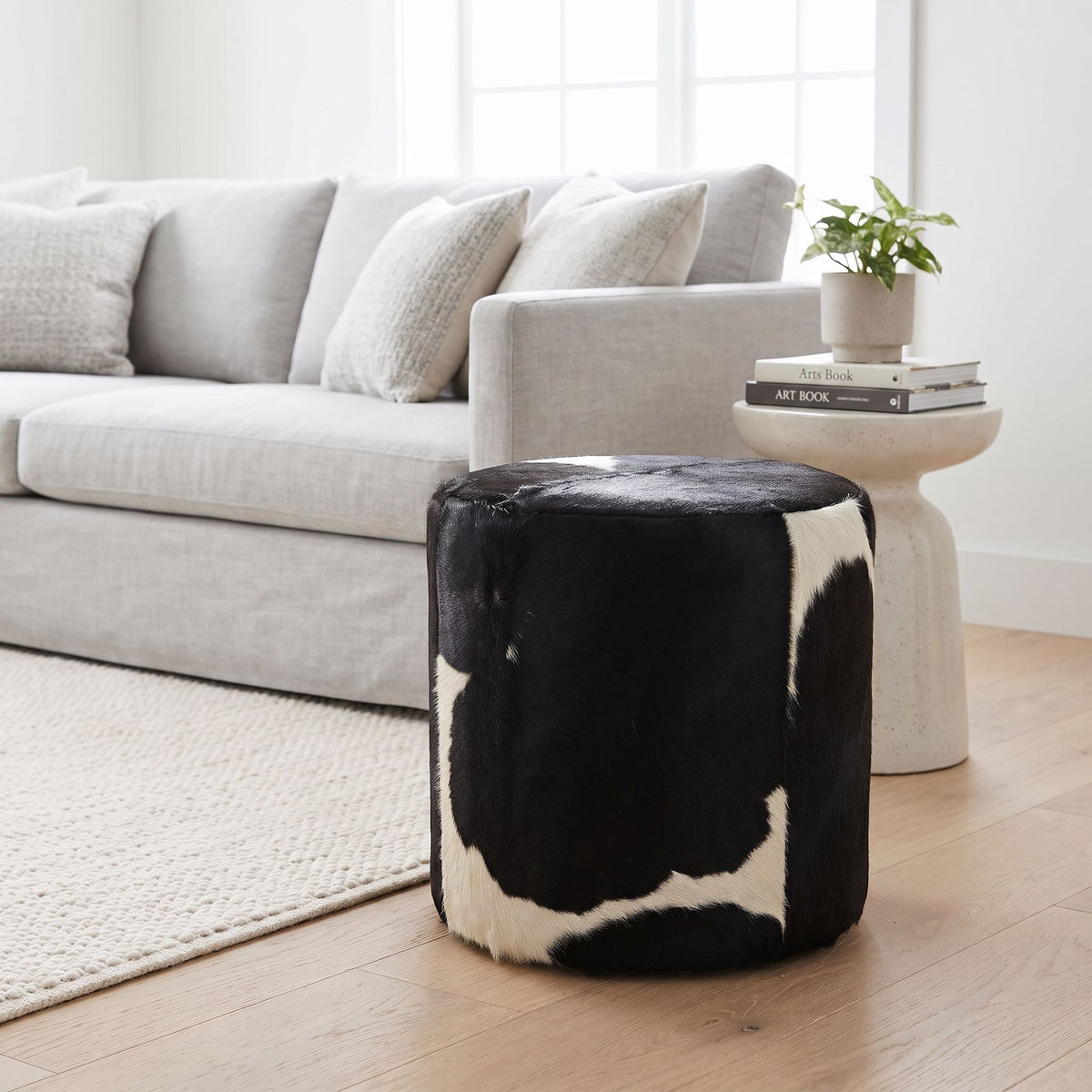 Bare Decor Bella Accent Ottoman in Genuine Leather Hide, Black/White