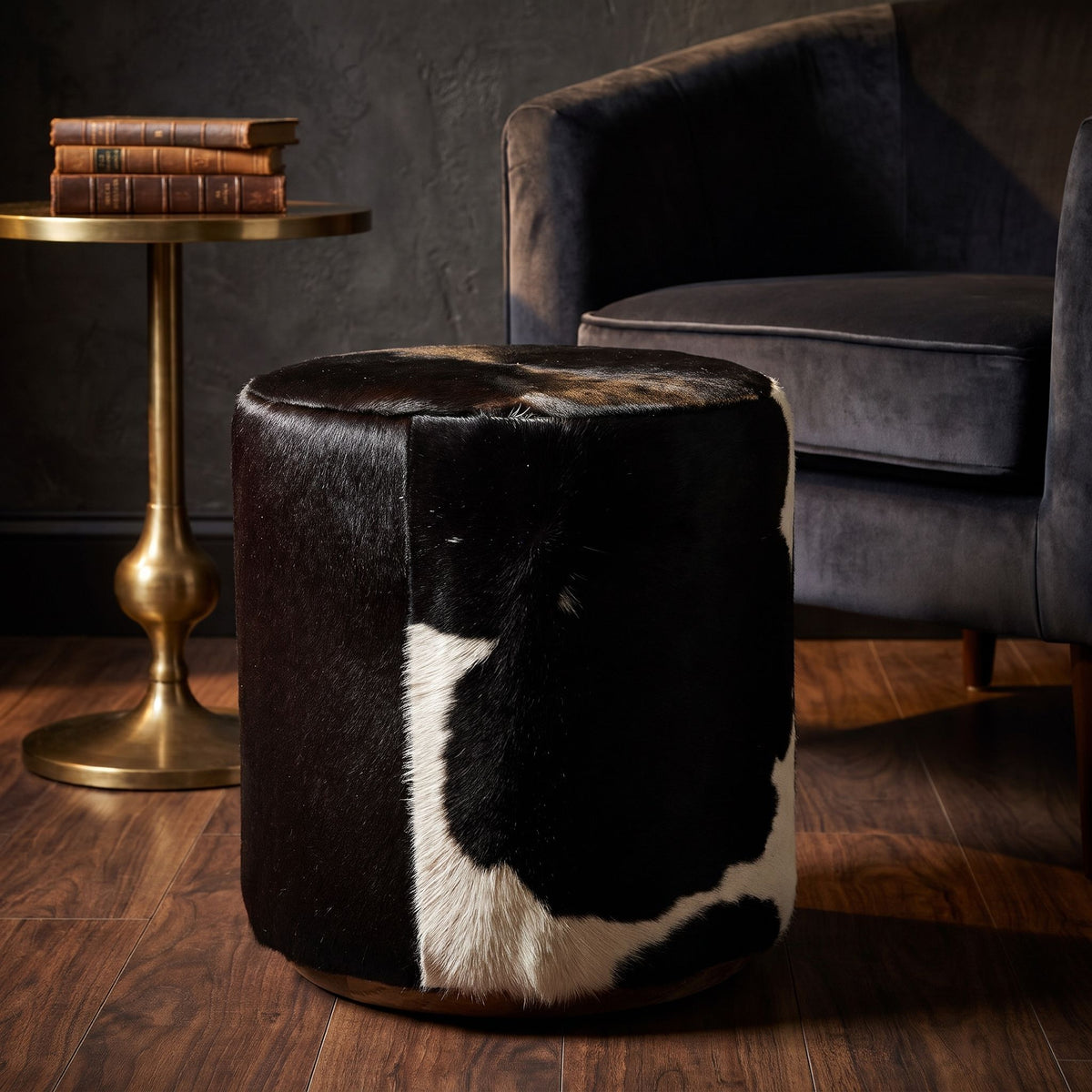Bare Decor Bella Accent Ottoman in Genuine Leather Hide, Black/White