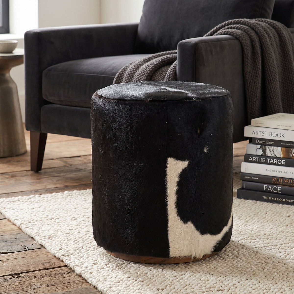 Bare Decor Bella Accent Ottoman in Genuine Leather Hide, Black/White