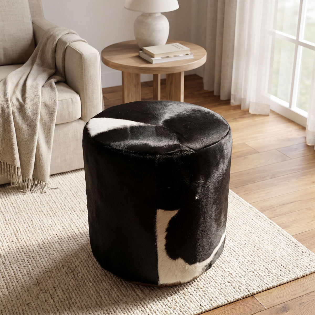 Bare Decor Bella Accent Ottoman in Genuine Leather Hide, Black/White