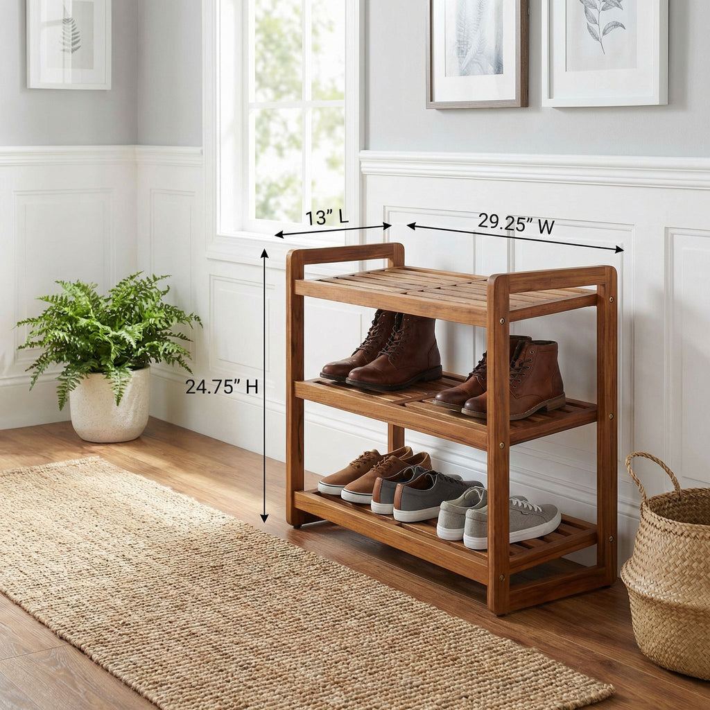 Bare Decor Vira Shoe Rack Shelf in Solid Teak Wood, 3 Shelf