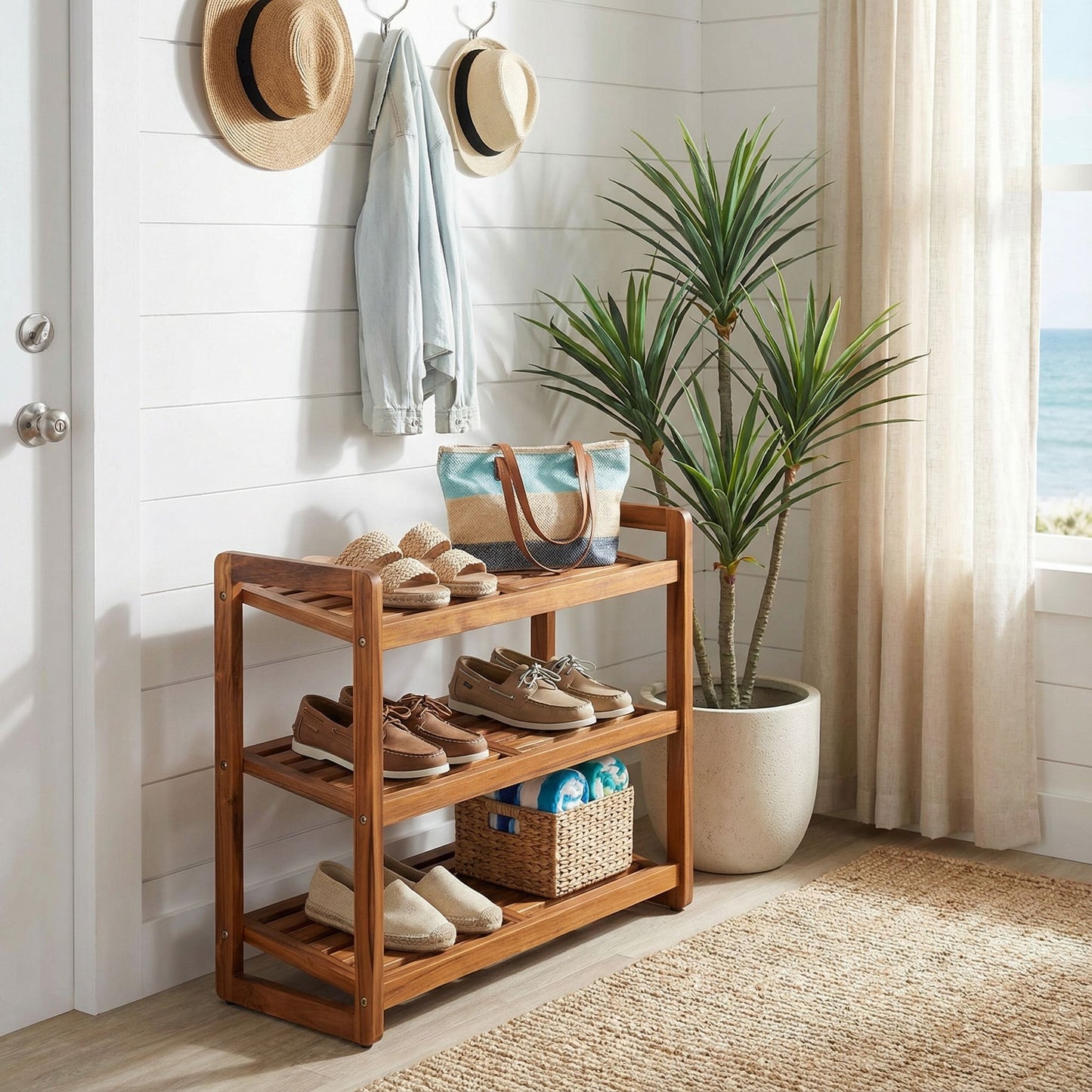 Bare Decor Vira Shoe Rack Shelf in Solid Teak Wood, 3 Shelf