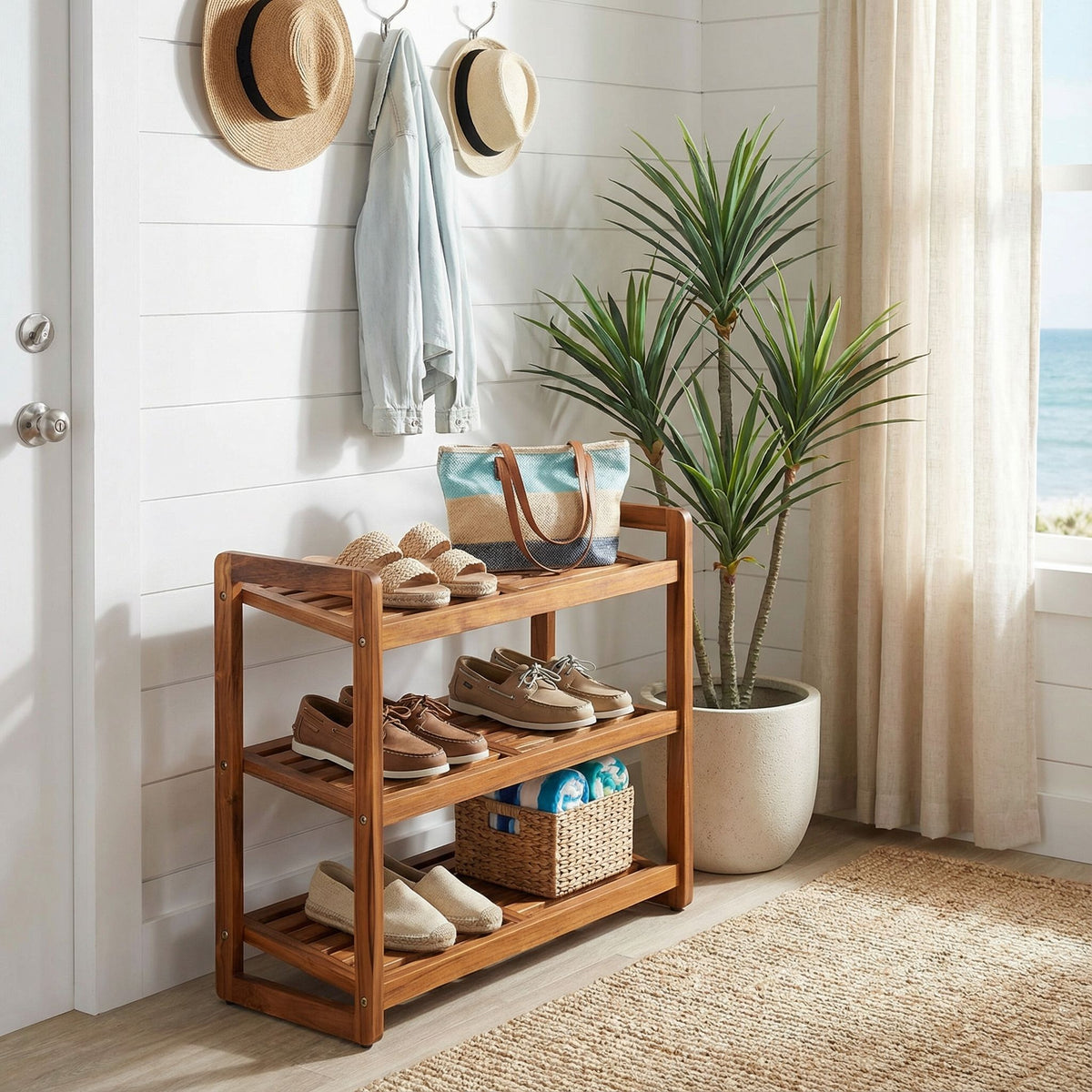 Bare Decor Vira Shoe Rack Shelf in Solid Teak Wood, 3 Shelf