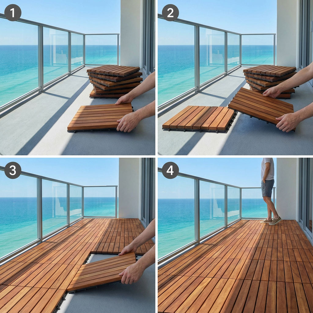 Bare Decor EZ-Floor Interlocking Flooring Tiles in Solid Teak Wood (Set of 10), Long 9 Slat