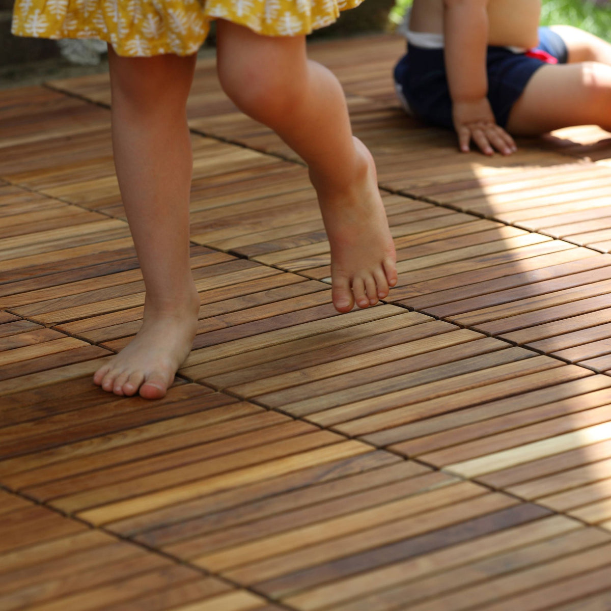 Bare Decor EZ-Floor Interlocking Flooring Tiles in Solid Teak Wood (Set of 10), Long 9 Slat