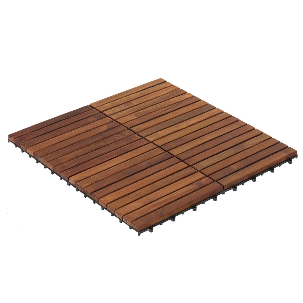 Bare Decor EZ-Floor Interlocking Flooring Tiles in Solid Teak Wood (Set of 10), Long 9 Slat