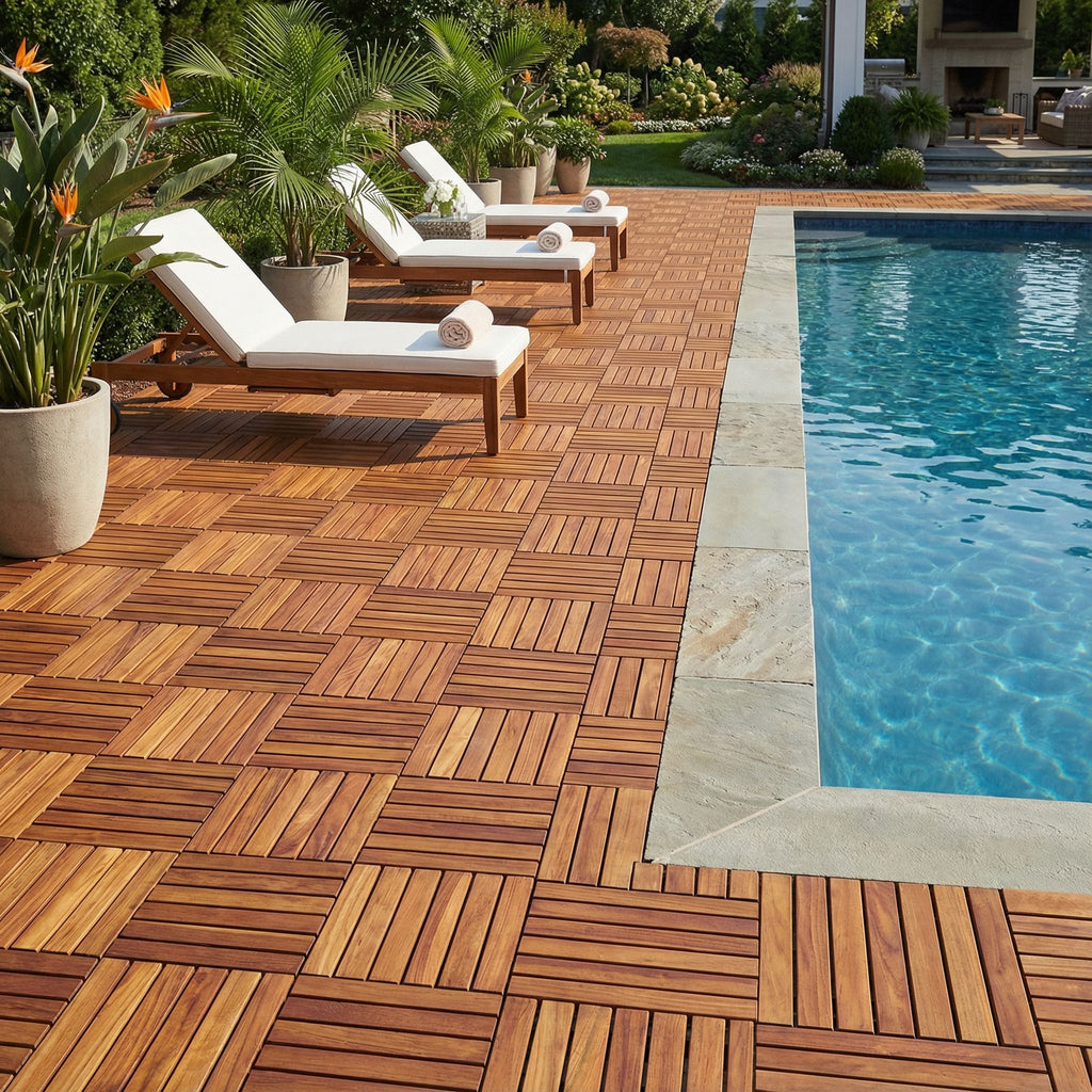 Bare Decor EZ-Floor Interlocking Flooring Tiles in Solid Teak Wood (Set of 10), Long 9 Slat