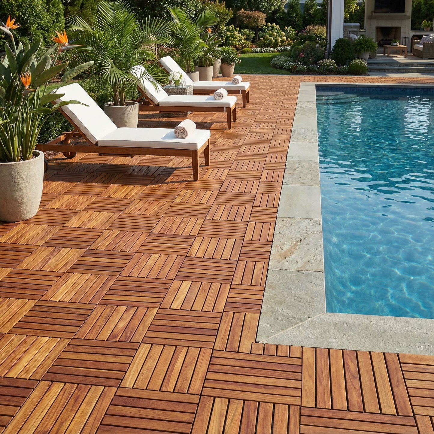Bare Decor EZ-Floor Interlocking Flooring Tiles in Solid Teak Wood (Set of 10), Long 9 Slat