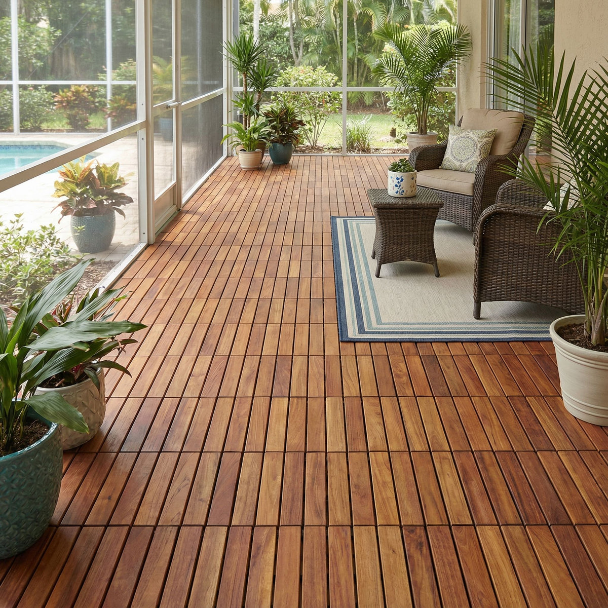 Bare Decor EZ-Floor Interlocking Flooring Tiles in Solid Teak Wood (Set of 10), Long 9 Slat