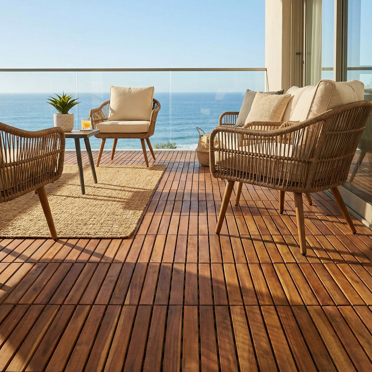 Bare Decor EZ-Floor Interlocking Flooring Tiles in Solid Teak Wood (Set of 10), Long 9 Slat