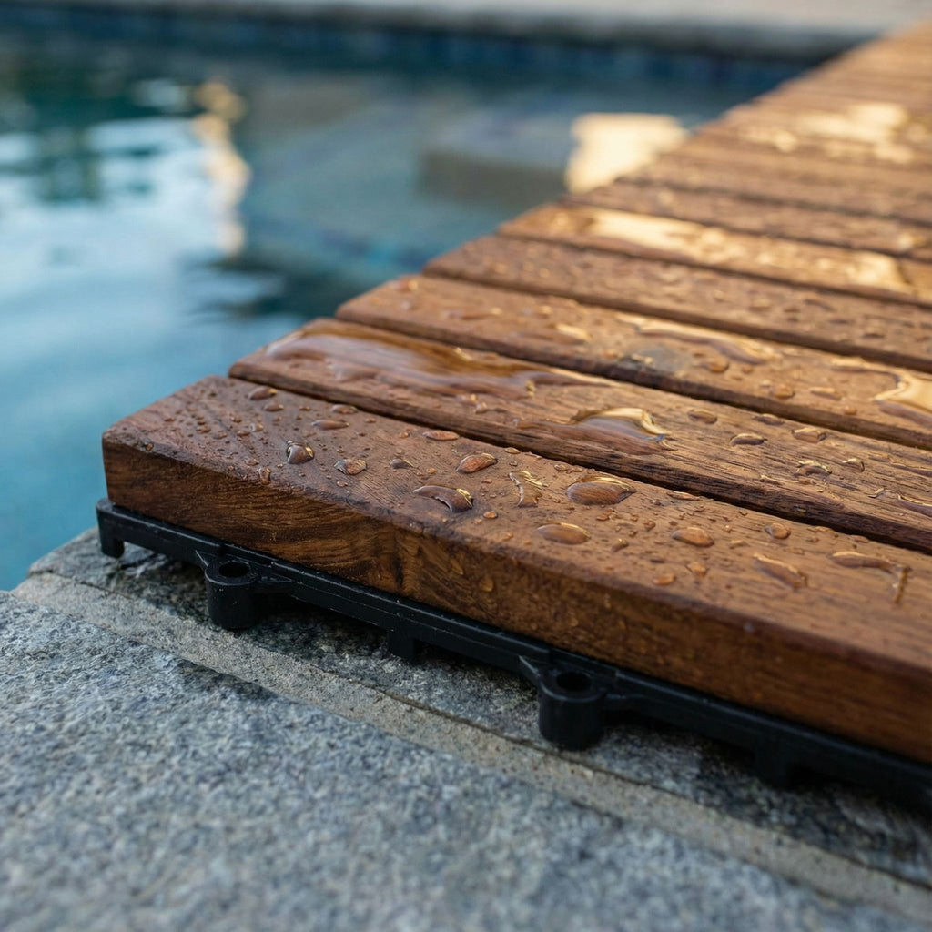 Bare Decor EZ-Floor Interlocking Flooring Tiles in Solid Teak Wood (Set of 10), Long 9 Slat