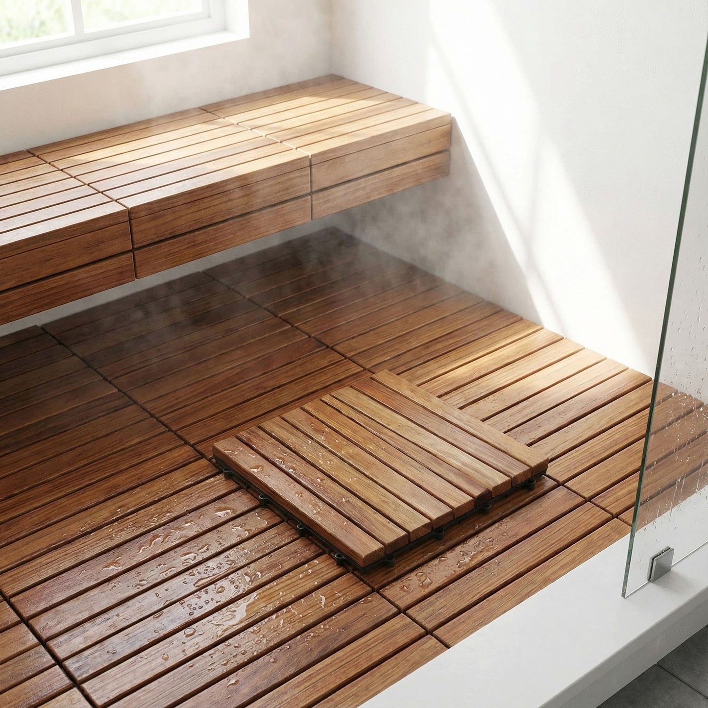 Bare Decor EZ-Floor in Solid Teak Wood, 1 TILE ONLY, Long Slat