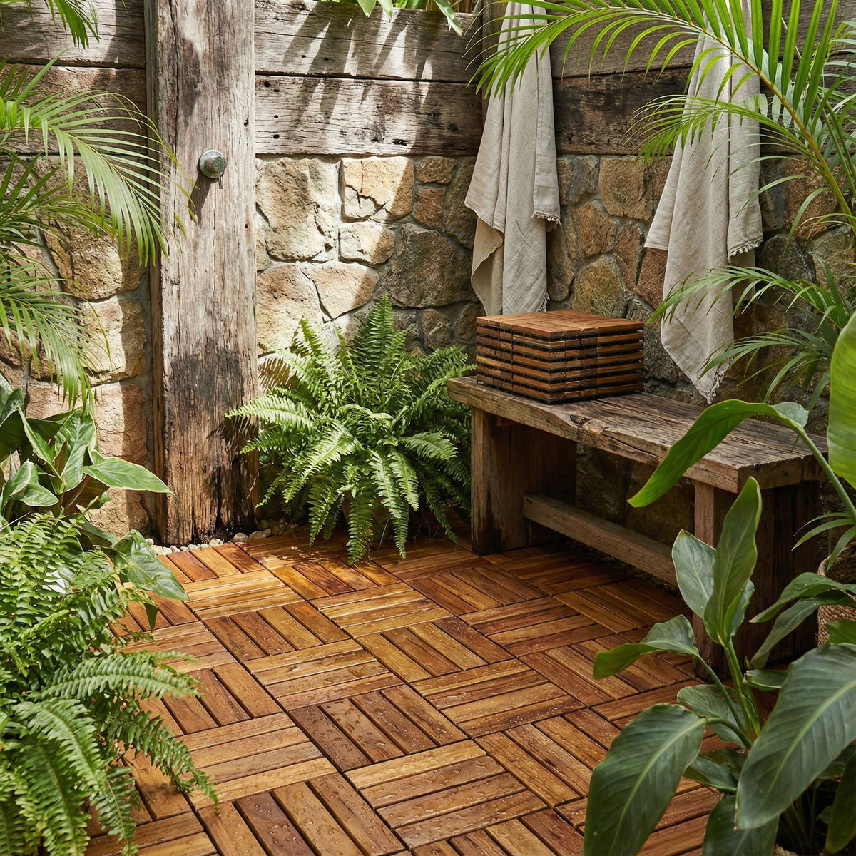 Bare Decor EZ-Floor Interlocking Flooring Tiles in Solid Teak Wood (Set of 10)