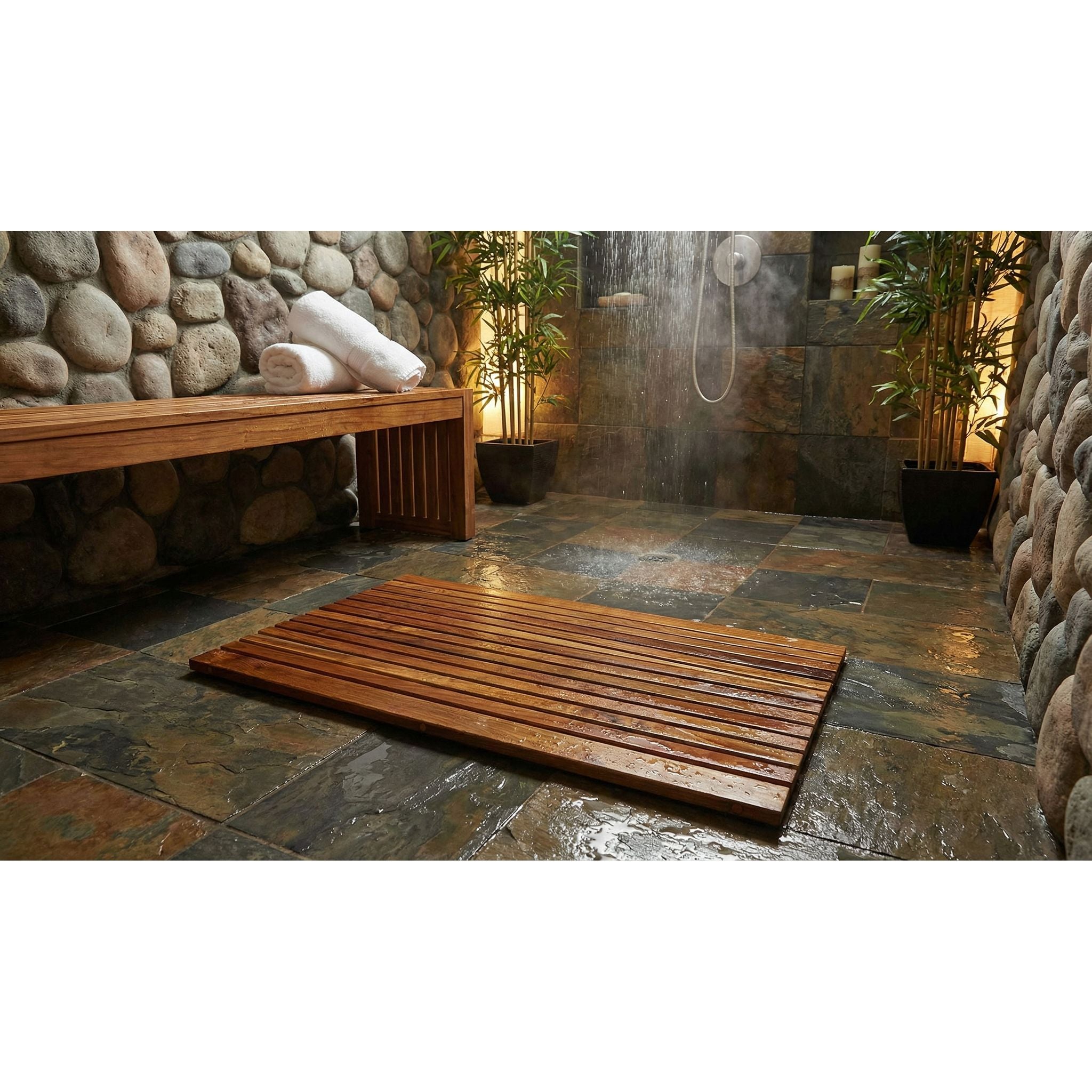 Bare Decor Cosi String Spa Shower Mat in Solid Teak Wood Oiled Finish, Large: 31.5" x 20"
