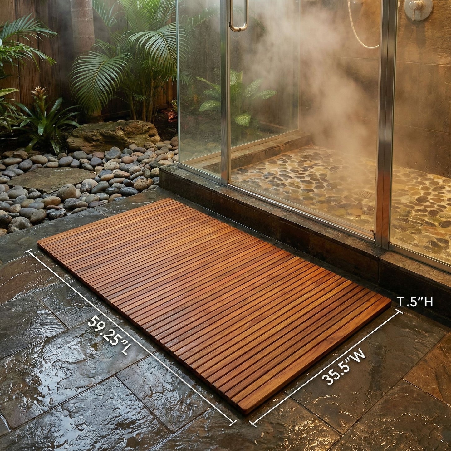 Bare Decor Oskar String Spa Shower Mat/Rug in Solid Teak Wood Oiled Finish, X-Large: 3' x 5'