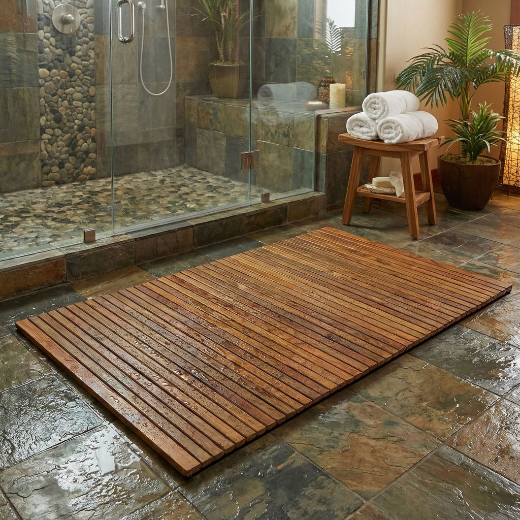 Bare Decor Oskar String Spa Shower Mat/Rug in Solid Teak Wood Oiled Finish, X-Large: 3' x 5'