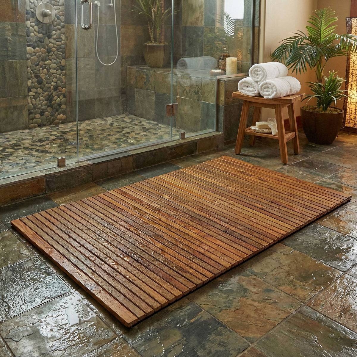 Bare Decor Oskar String Spa Shower Mat/Rug in Solid Teak Wood Oiled Finish, X-Large: 3' x 5'
