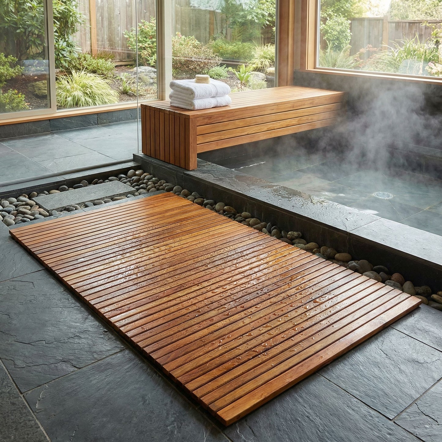 Bare Decor Oskar String Spa Shower Mat/Rug in Solid Teak Wood Oiled Finish, X-Large: 3' x 5'