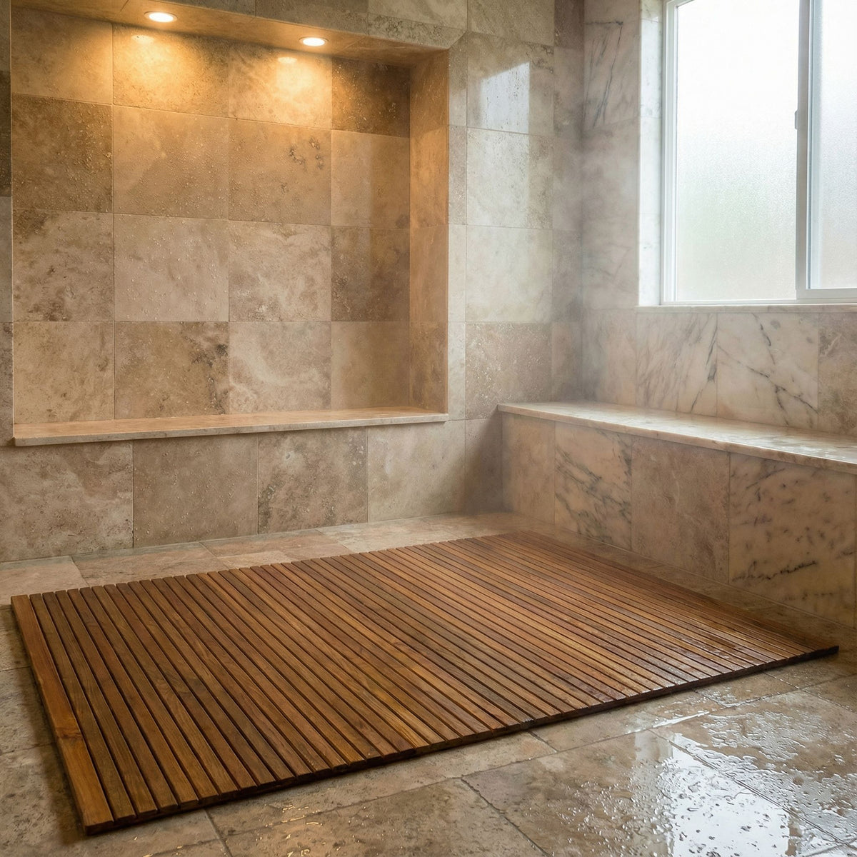 Bare Decor Oskar String Spa Shower Mat/Rug in Solid Teak Wood Oiled Finish, X-Large: 3' x 5'