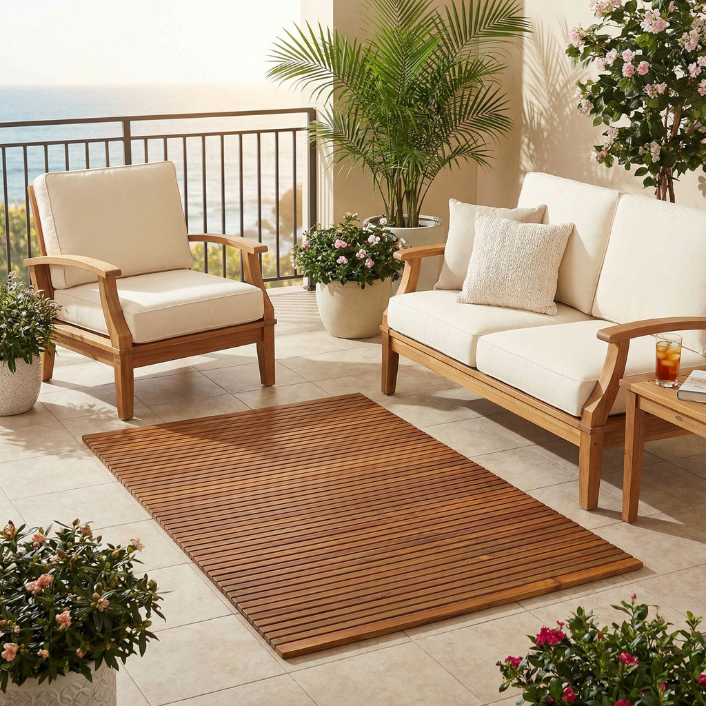 Bare Decor Oskar String Spa Shower Mat/Rug in Solid Teak Wood Oiled Finish, X-Large: 3' x 5'
