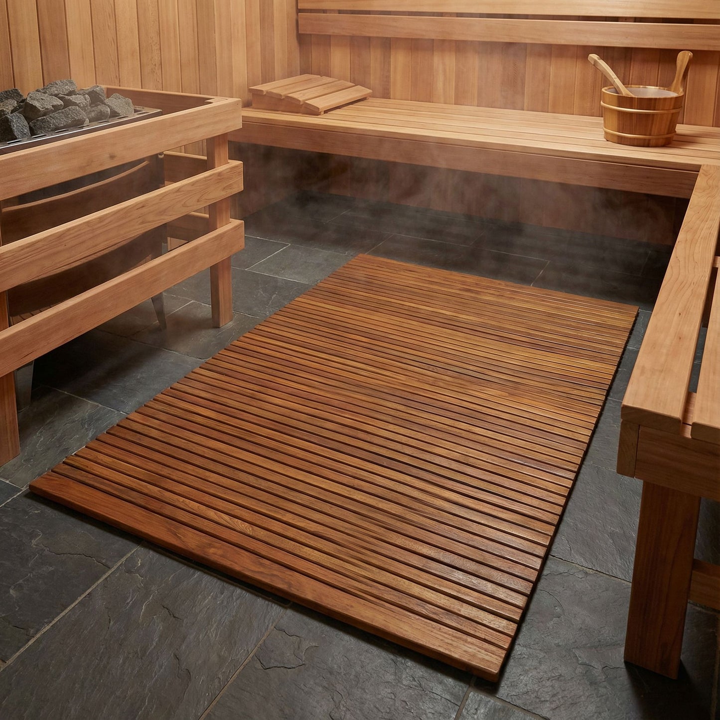 Bare Decor Oskar String Spa Shower Mat/Rug in Solid Teak Wood Oiled Finish, X-Large: 3' x 5'