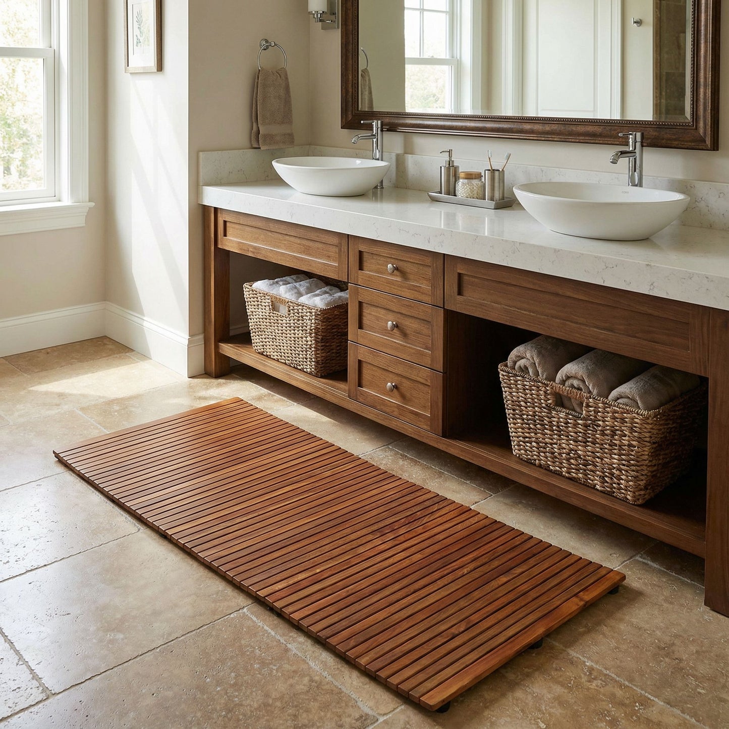 Bare Decor Oskar String Spa Shower Mat/Rug in Solid Teak Wood Oiled Finish, X-Large: 3' x 5'