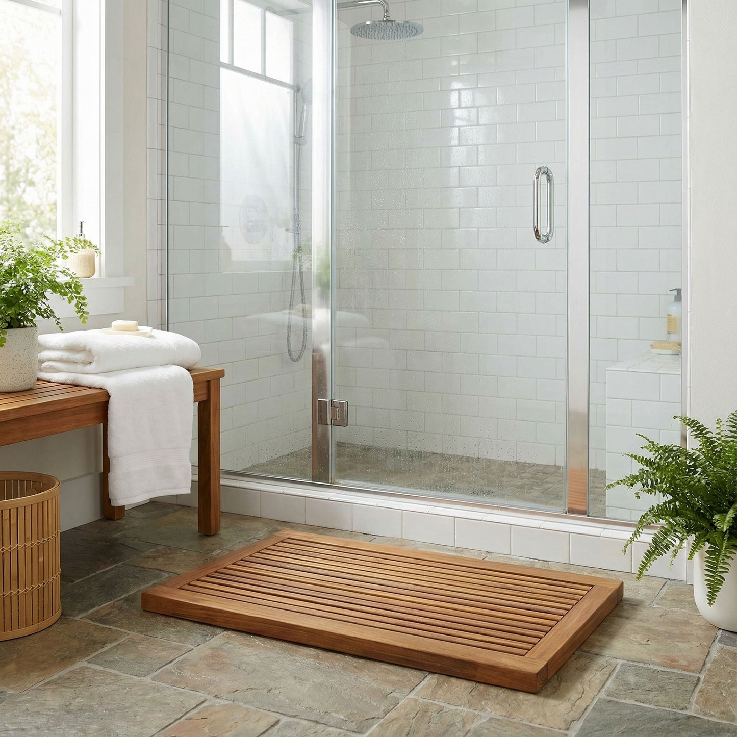 Bare Decor Dasha Spa Bath or Door Mat in Solid Teak Wood Oiled Finish, Large: 31.5" x 17.75"