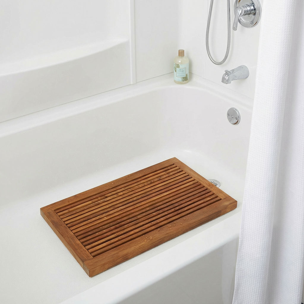 Bare Decor Dasha Spa Bath or Door Mat in Solid Teak Wood Oiled Finish, Large: 31.5" x 17.75"