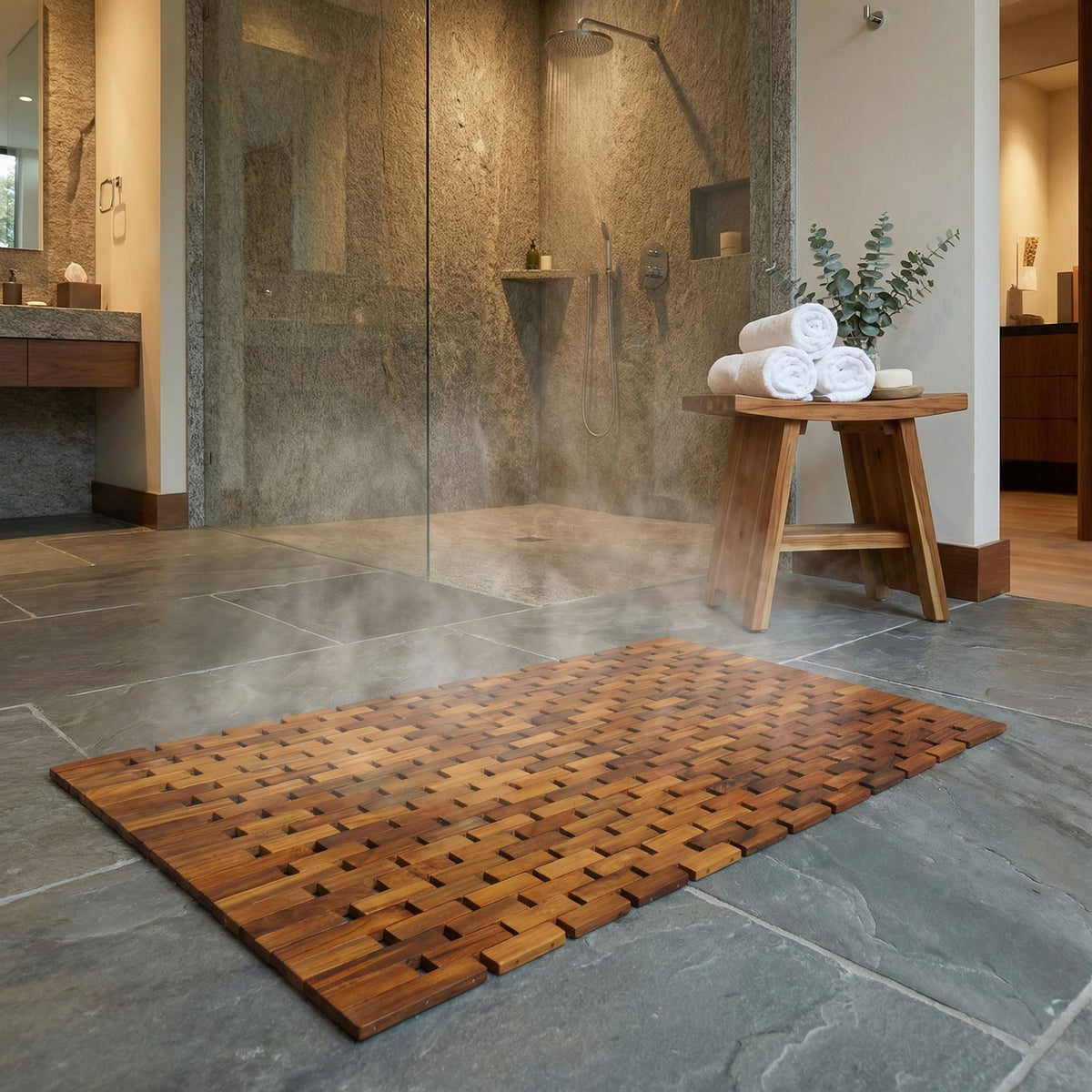 Bare Decor Kuki Spa Mosaic Shower Mat in Solid Teak Wood Oiled Finish, 30x20