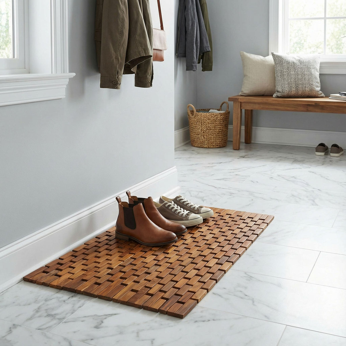 Bare Decor Kuki Spa Mosaic Shower Mat in Solid Teak Wood Oiled Finish, 30x20