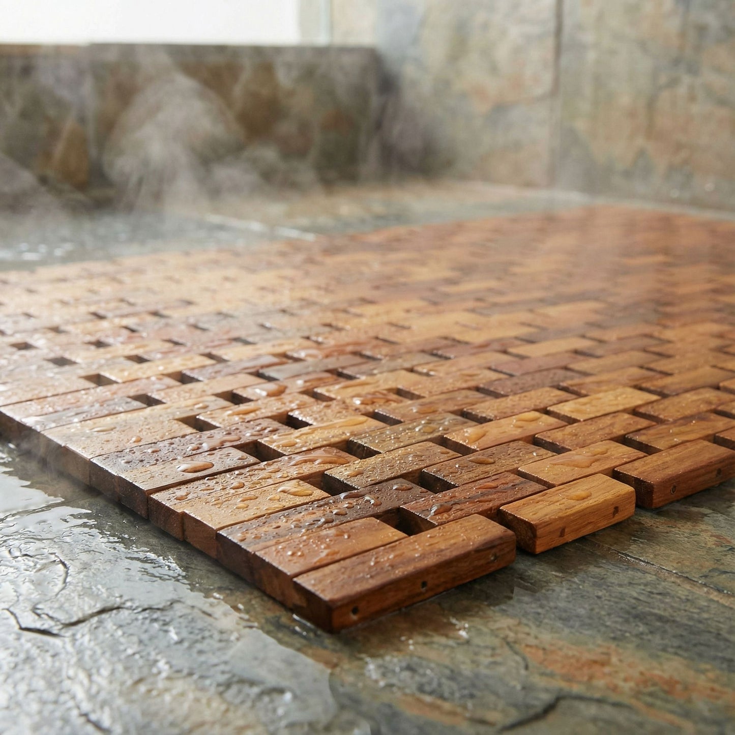 Bare Decor Kuki Spa Mosaic Shower Mat in Solid Teak Wood Oiled Finish, 30x20