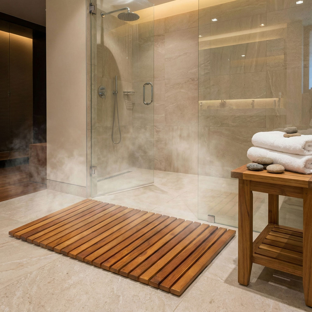 Bare Decor Nori Shower, Spa, Door Mat in Solid Teak Wood and Oiled Finish, Large: 31.5" x 19.5"
